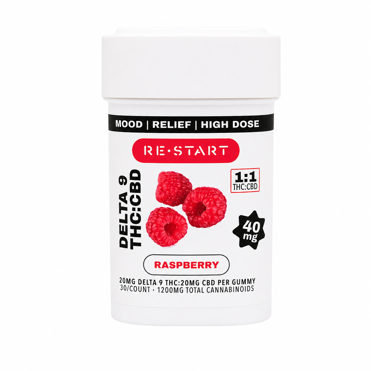 Delta 9 THC:CBD Gummies 40mg High Dose - Raspberry / 30-count